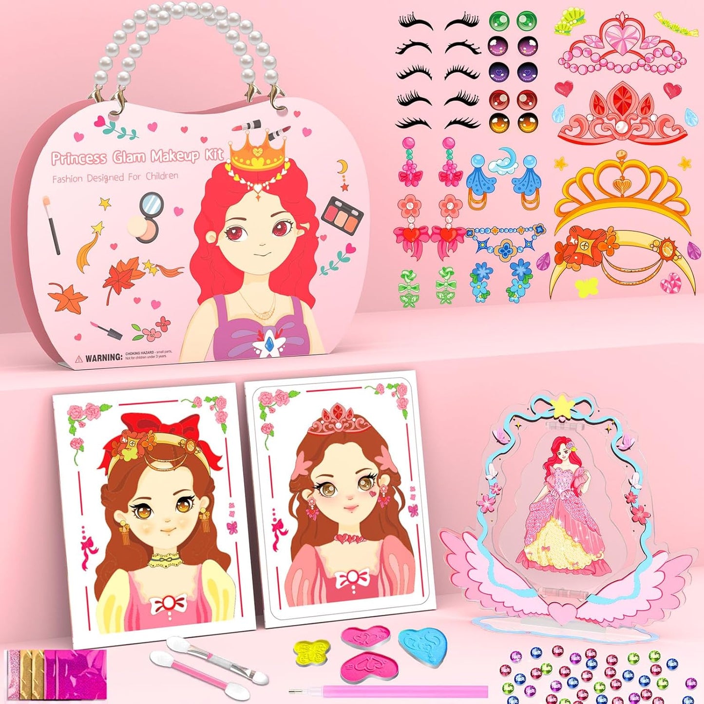 Arts and Crafts for Kids Ages 8-12, 5 In 1 Kids Makeup Sets for Girls 5-8, Princess Makeup, Dress Up, Foil Fun, Diamond Art with Princess Show Stand, Birthday Gifts for Girls Ages 4 5 6 7 8 9 10 11 12