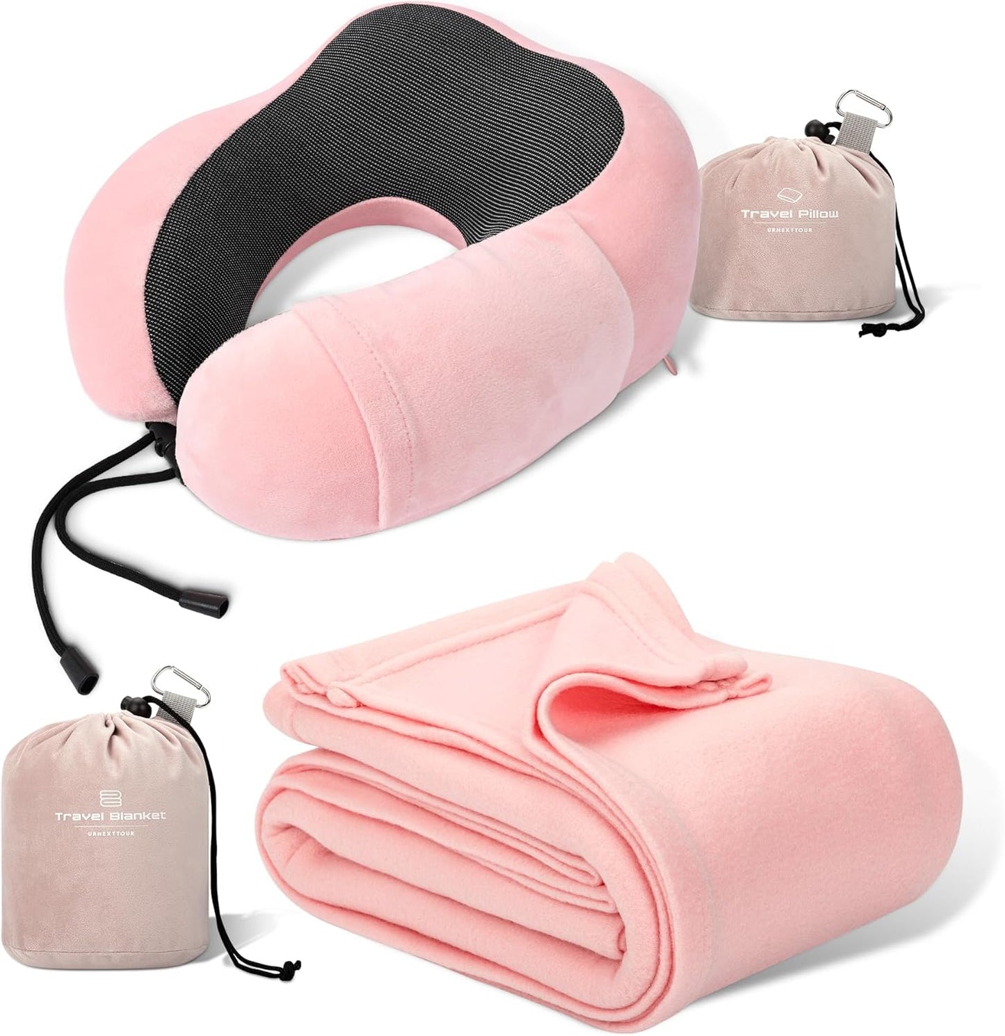 Pink Travel Neck Pillow and Blanket Set for Airplane Travel Essentials Womens Memory Foam Neck Pillow and Compact Soft Airplane Blanket with Bag for Traveling Airport Car Sleeping