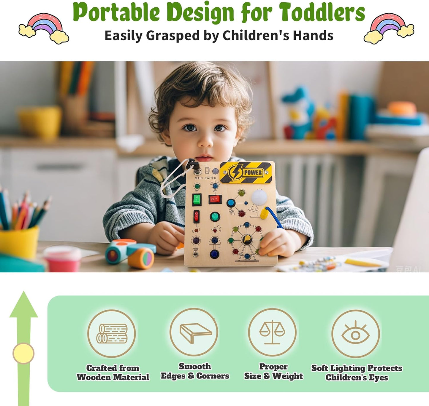 LED Light Switch Activity Busy Board - Montessori Toddler Learning Toys 1-5 Year Old, Fine Motor Skills Busy Board, Travel Sensory Toys for Boys & Girls