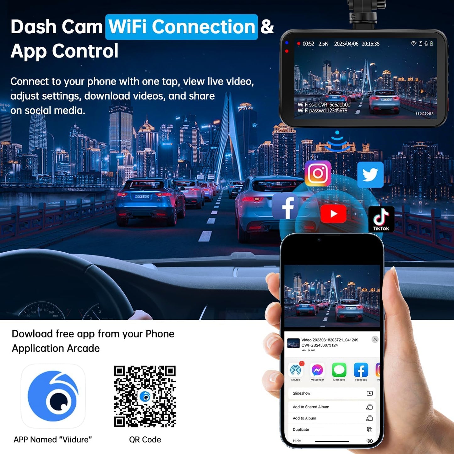 Dash Cam Front+Rear, WiFi, 2.5K+1080P, 64GB