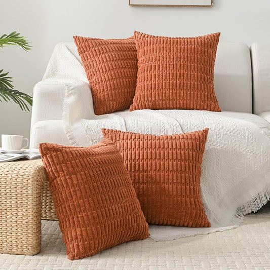 Volcanics Pack of 4 Rust Corduroy Fall Decorative Throw Pillow Covers 18x18 Inch, Soft Plush Boho Striped Square Cushion Cases, Modern Rustic Farmhouse Home Decor