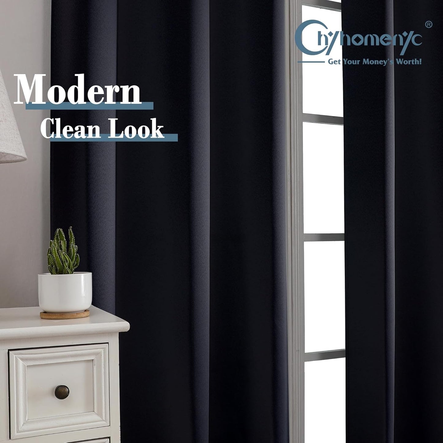 Chyhomenyc Athena Black Curtains 54 Inch Length 2 Panels for Bedroom, Satin Room Darkening Privacy Energy Saving Short Window Treatment Drapes for Kitchen Small Windows, Each 40" Wx54 L, Black, 2 Pcs