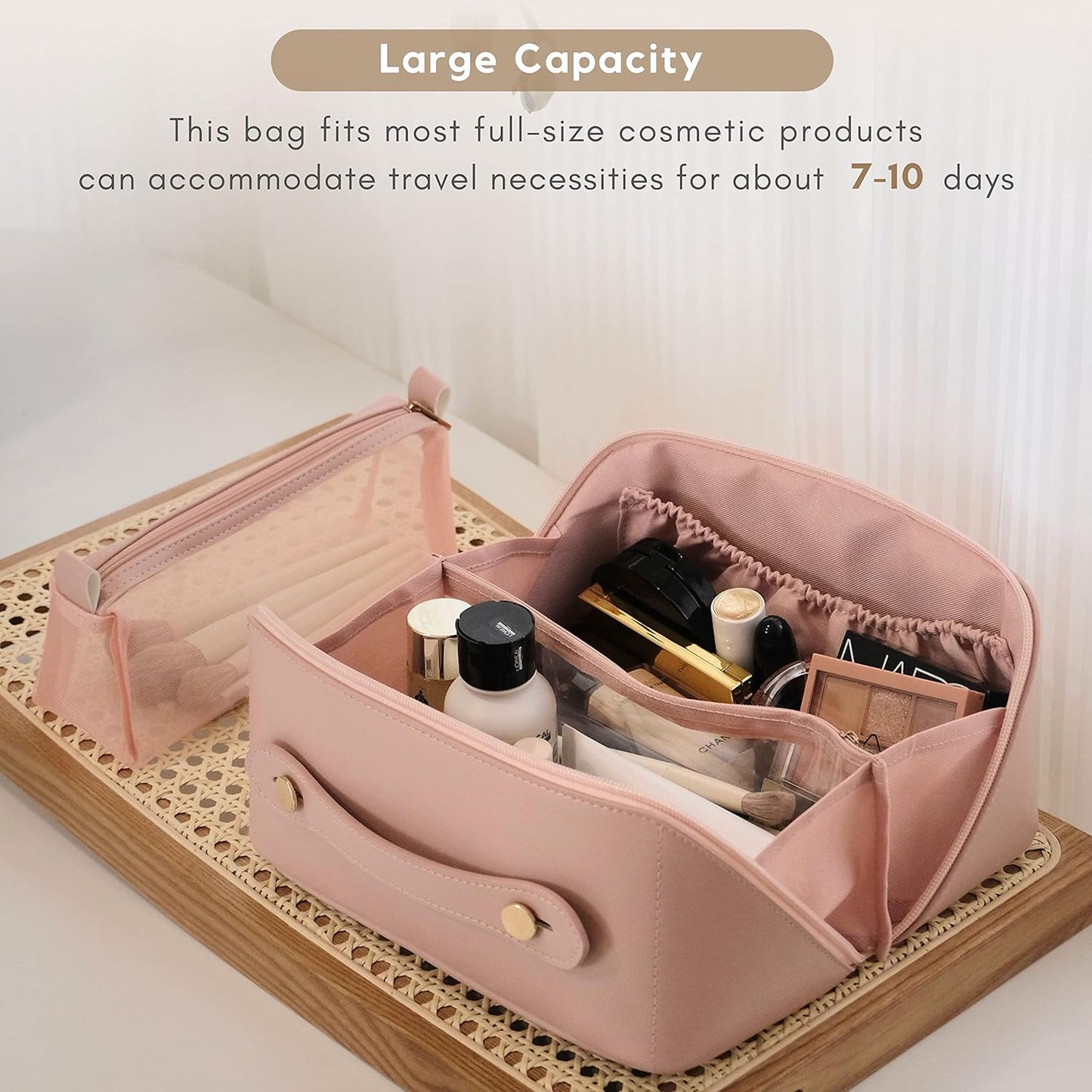 Travel Cosmetic Bag, Upgraded PU Leather Large Capacity Portable Makeup Box with Compartments & Mash Bag Multifunctional Storage Toiletry Bag (Pink)