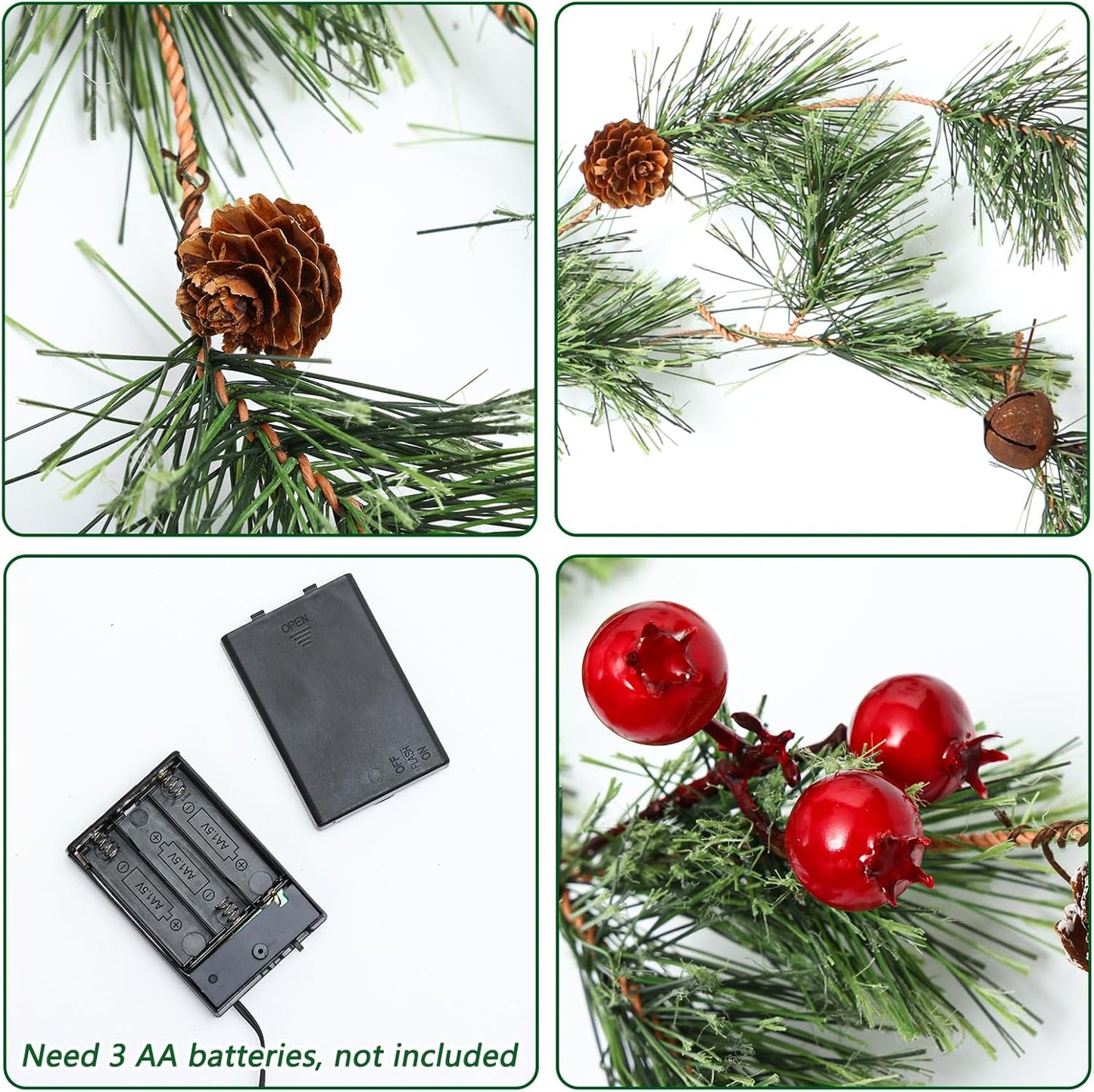 CEWOR 2 Pack 6 Feet Christmas Smokey Pine Garland Artificial Winter Snow Garland with 50 LED for Christmas Indoor Outdoor Decor