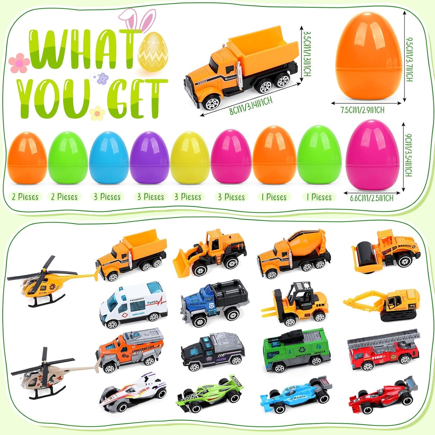 Easter Basket Stuffers Kids Toddlers - 18 PCS Easter Egg Fillers Vehicle Toys with Plastic Easter Eggs, Easter Basket Fillers Egg Hunt Party Favors Easter Gifts for Kids Boys Girls