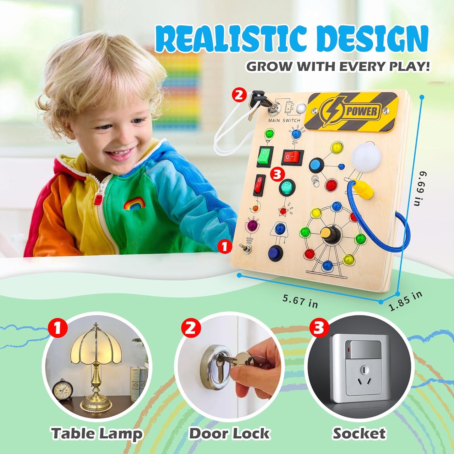 LED Light Switch Activity Busy Board - Montessori Toddler Learning Toys 1-5 Year Old, Fine Motor Skills Busy Board, Travel Sensory Toys for Boys & Girls