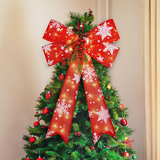 Red Bows Christmas Decorations with 45LED Lights, 24''x16'' Wreath Bow, Outdoor Christmas Bows with Snowflake Red Berries Pine Cone Needles for Front Door Wreath Home