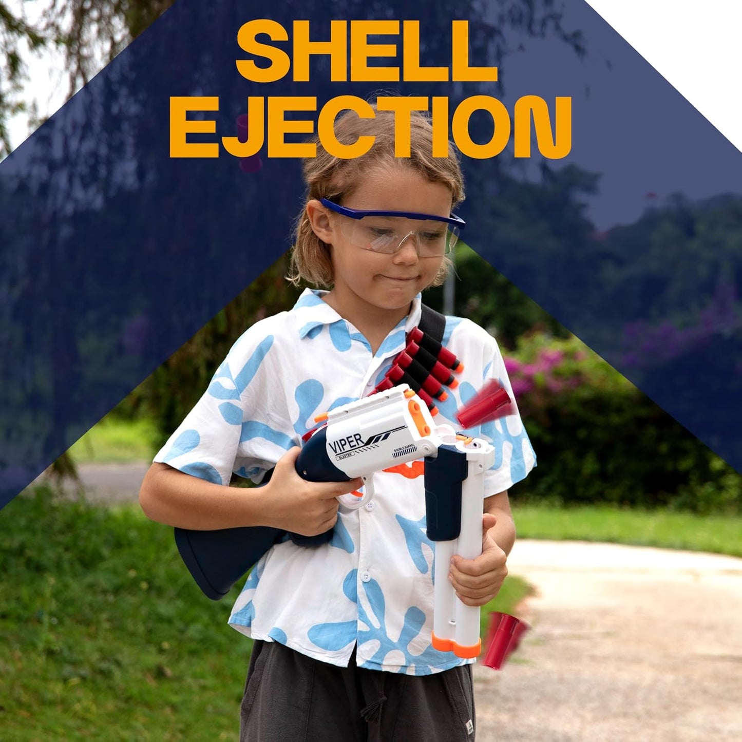 Toy Double Barrel Shotgun with Ejecting Shells - Foam Dart Blaster Including Ammunition Belt, 40 Darts, 12 Shells & Red Dot Sight - Realistic Reloading Action for Kids Aged 8-12