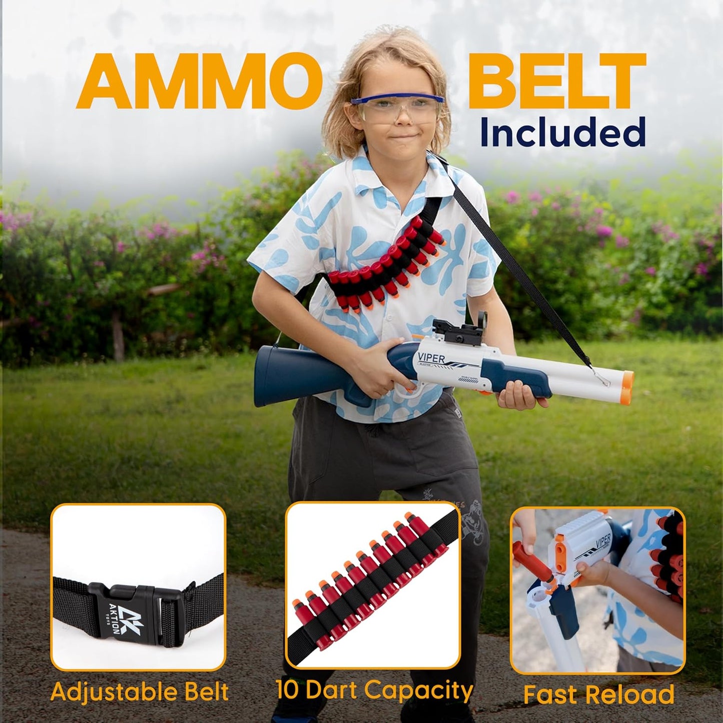 Toy Double Barrel Shotgun with Ejecting Shells - Foam Dart Blaster Including Ammunition Belt, 40 Darts, 12 Shells & Red Dot Sight - Realistic Reloading Action for Kids Aged 8-12