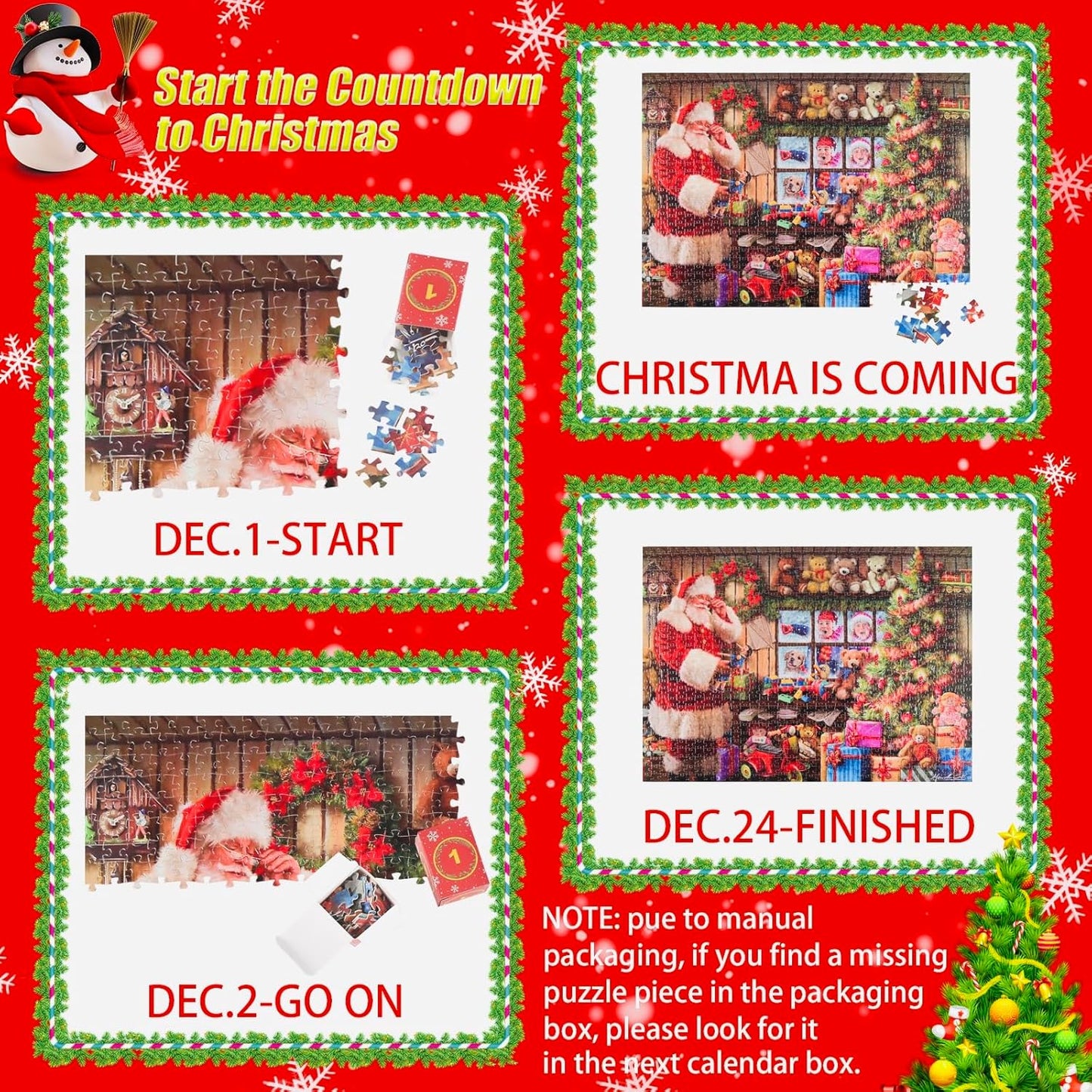 Advent Calendar 2024 Jigsaw Puzzles, 24 Box Christmas Puzzle Countdown Calendar, Funny Christmas Game Gift, Santa's Xmas Gift,1008 Pieces 19.7 inches x 27.6 inch Puzzles