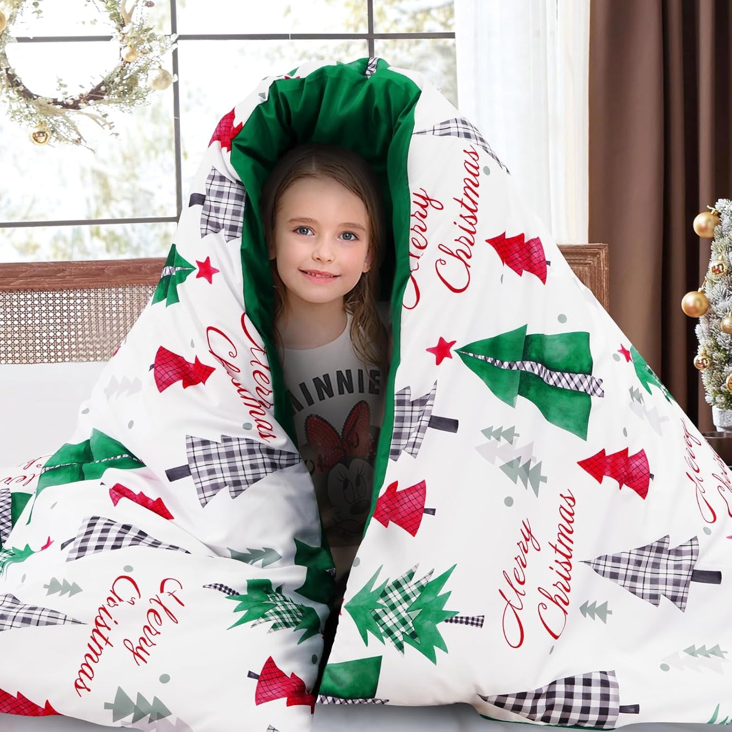 FRAMICS 3 Piece Christmas Duvet Cover King Size, Christmas Tree Duvet Cover Set with Zipper Closure, Merry Christmas Comforter Cover Set 1 Duvet Cover 104 x 90 inches & 2 Pillow Shams, Green