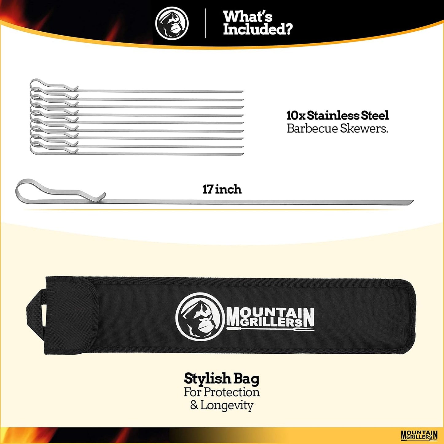 BBQ Grilling Kabob Skewers - 17” Stainless Steel - Long Reusable Flat Metal - Barbecue Shish Kebab Sticks – Set of 10 w/Handy Storage Bag