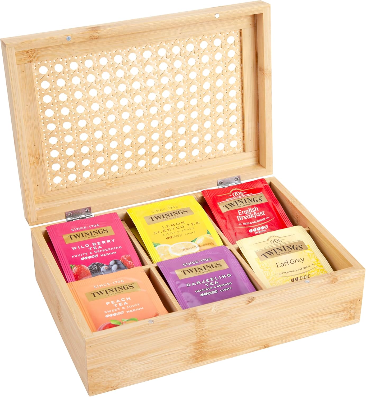 CARTMAN 1 Pack Bamboo Tea Bag Organizer, Tea Bag Drawer Storage Organizer Holder with 6 Compartments, Tea Chest Box for Coffee Station, Sugar Packet, Sweeteners, Small Packets
