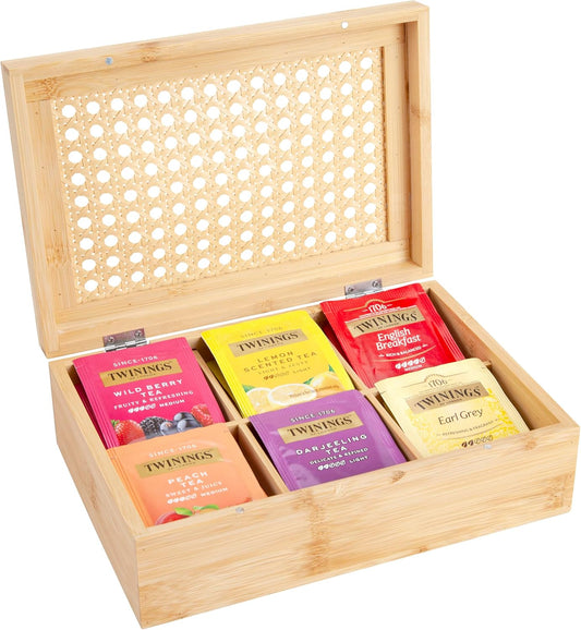 CARTMAN 1 Pack Bamboo Tea Bag Organizer, Tea Bag Drawer Storage Organizer Holder with 6 Compartments, Tea Chest Box for Coffee Station, Sugar Packet, Sweeteners, Small Packets