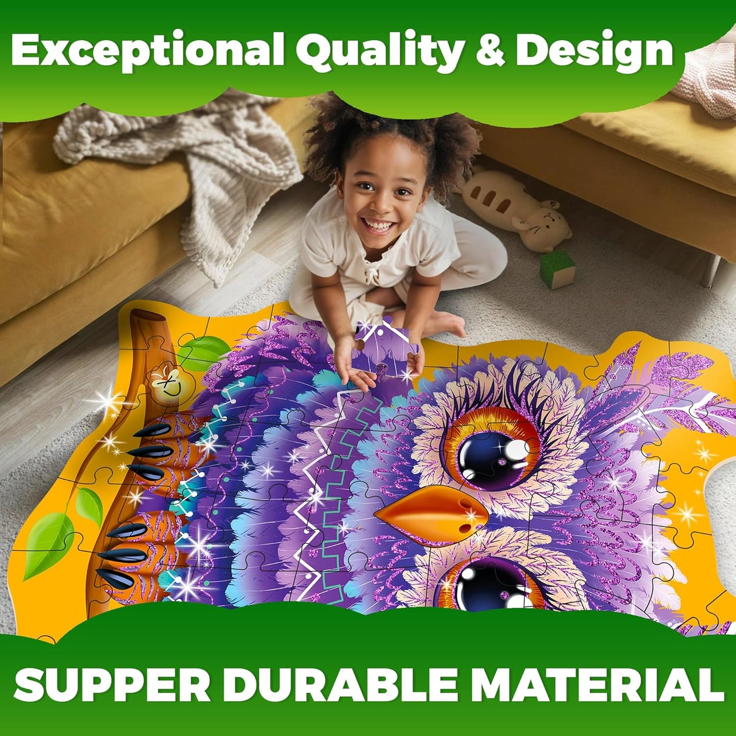 QUOKKA Glitter Floor Puzzles for Kids Ages 3-5 - 2x3 Feet 48 Piece Puzzles for Toddlers 2-4 - Shaped Large Giant Educational Toddler Puzzles Ages 24+ Months - Owl Toy Activity Game for Boys and Girls