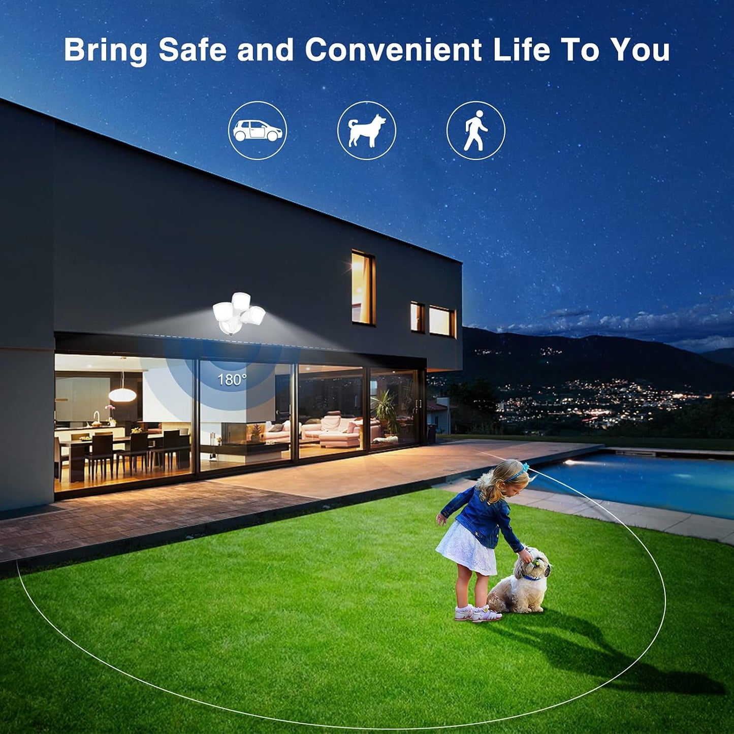 LED Dusk to Dawn Security Lights,Flood Lights with Photocell, 3800LM 5000K White Floodlights IP65 Waterproof 3 Heads Exterior Light for Garage, Patio, Yard(Photocell Sensor)