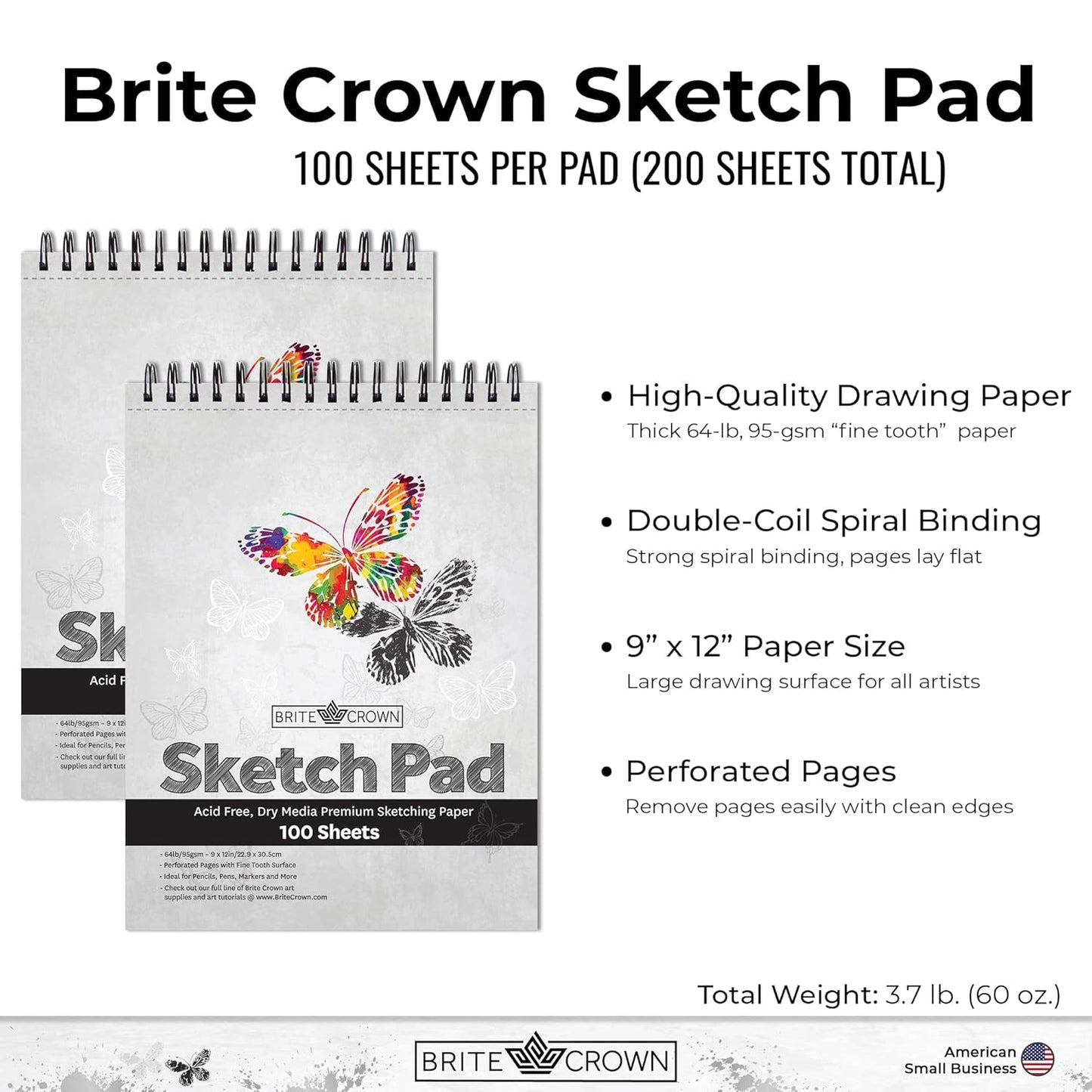 Sketch Pad 2-Pack - 9x12 Drawing Pads for Kids 9-12, Teens - 64lb (95gsm) Art Paper - Spiral Perforated 100 Sheets Each - Sketch Book for Kids, Art Sketchbook for Dry Media
