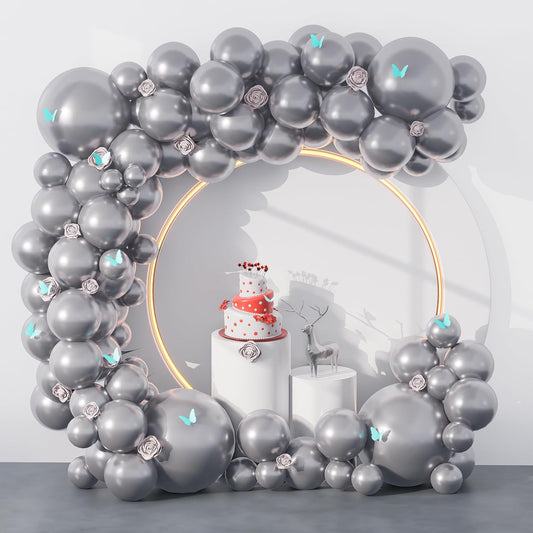 140pcs Metallic Silver Balloons Arch Garland Kit Different Sizes 18 12 10 5 Inch Chrome Silver Latex Balloons for Birthday Party Graduation Baby Shower Wedding Anniversary Holiday Decorations