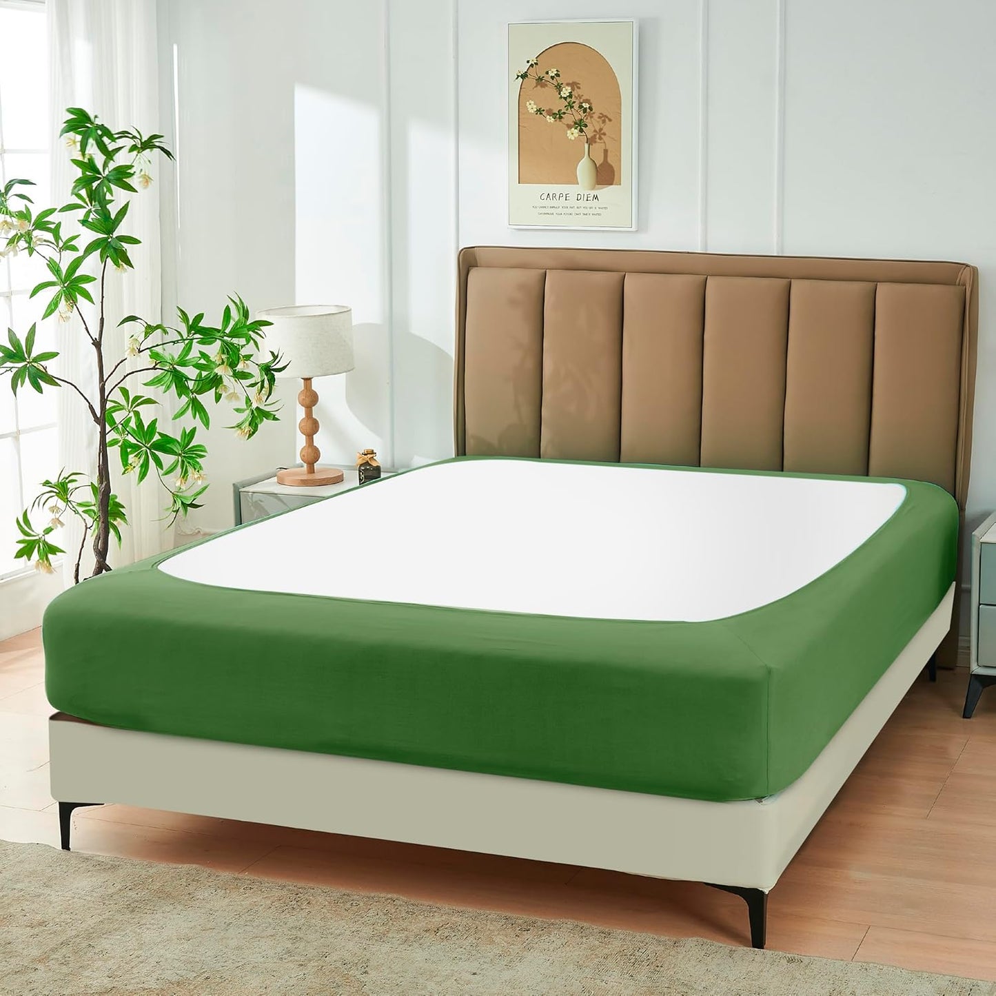 Biscaynebay Decorative Box Spring Cover Queen Size, Sage Luxurious Jersey Knitting Stretchy Wrap Around 4 Sides Bed Skirt for Home/Hotels, Easy Fit Wrinkle & Fade Free Machine Washable