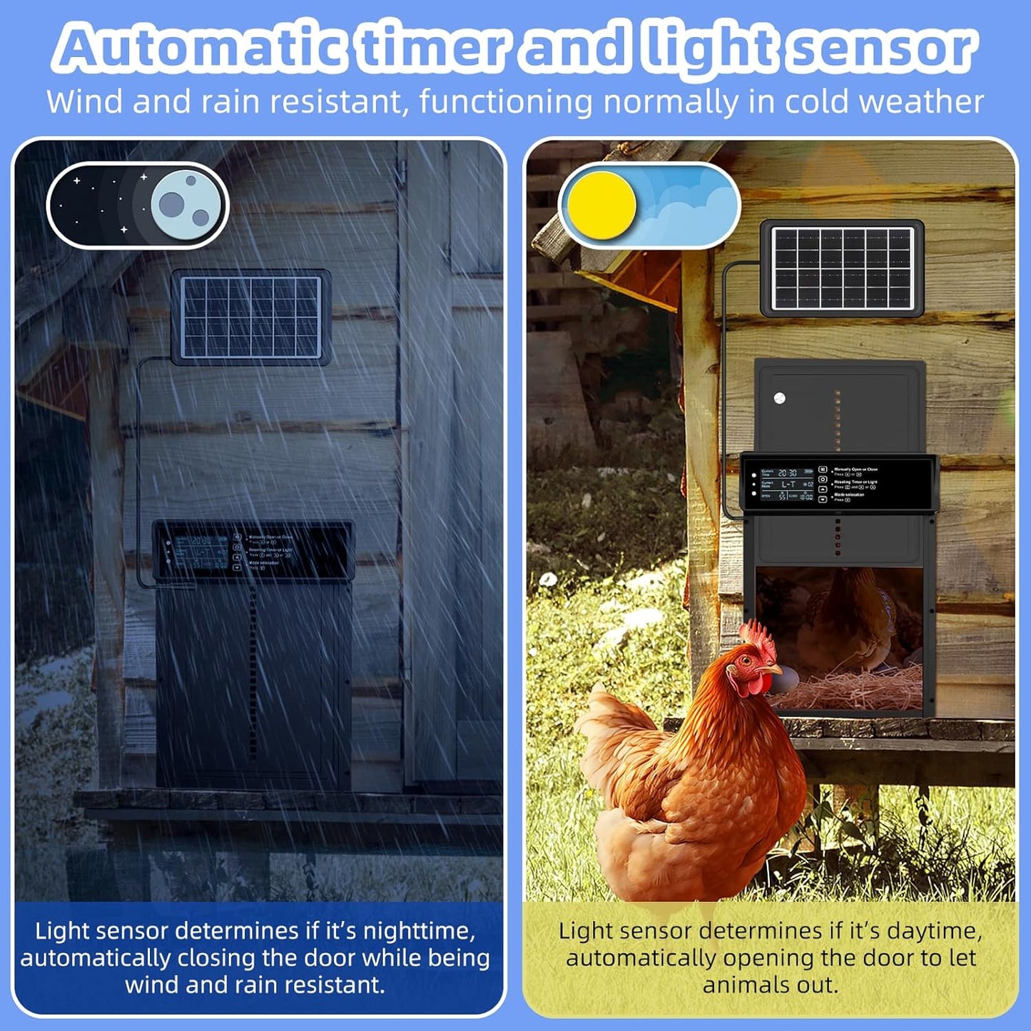 Automatic Chicken Coop Door Solar Powered Chicken Door with Timer & Light Sensor Aluminum Auto Chicken Coop Door Opener with Remote Control, Battery Operated & 4 Modes (Black Grey)