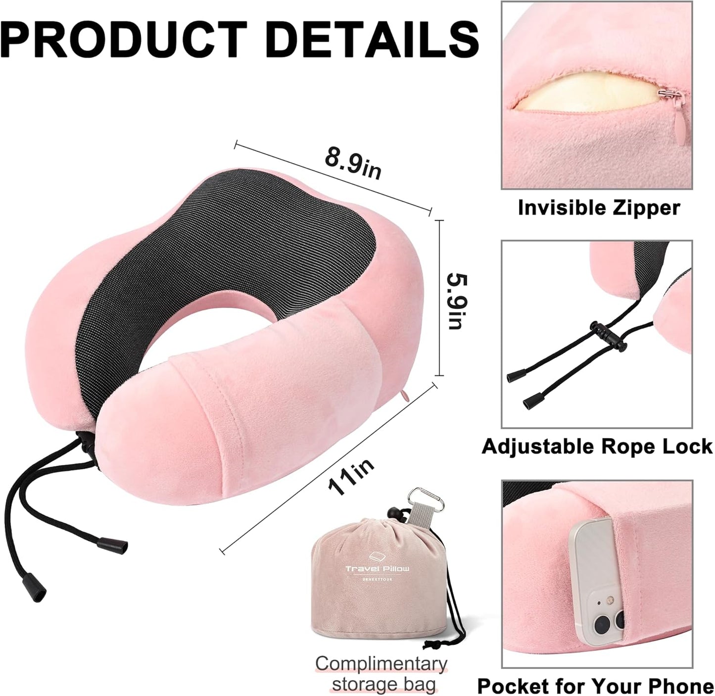 Pink Travel Neck Pillow and Blanket Set for Airplane Travel Essentials Womens Memory Foam Neck Pillow and Compact Soft Airplane Blanket with Bag for Traveling Airport Car Sleeping
