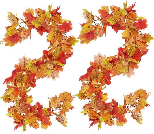 2 Pack Maple Leaf Fall Decorations for Home, Halloween Decor Garland for Front Door Mantle Stairs Fireplace, Autumn Fall Leaves Garland for Indoor Outdoor Decor Thanksgiving