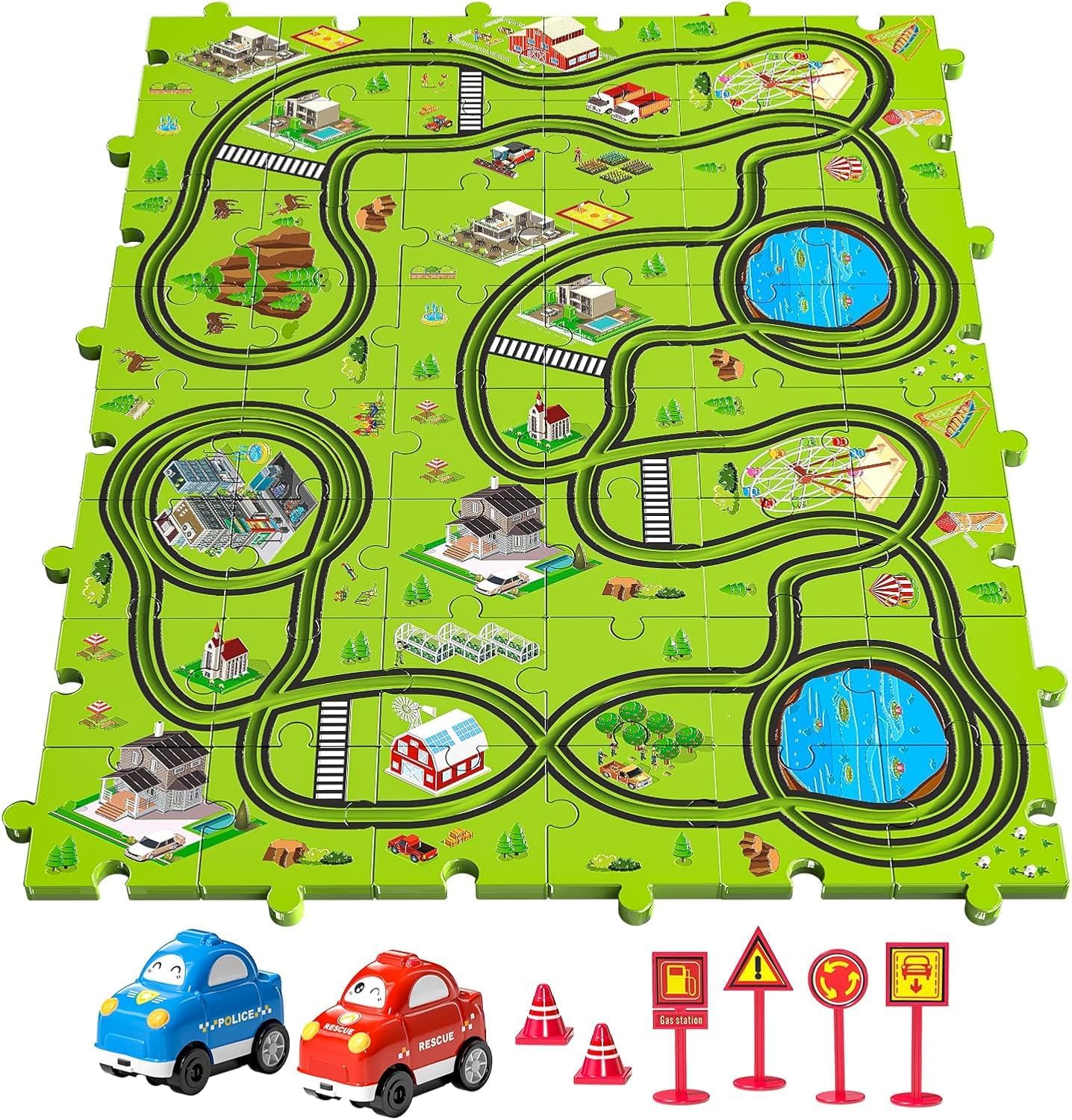 TEMI 48 Pieces Puzzle Race Tracks Car Set Toys for Kids Ages 3 4 5 6 Year Olds- Toddler Gifts for 3-5, Puzzle Tracks Car Playset for Boys Ages 3-6 Birthday