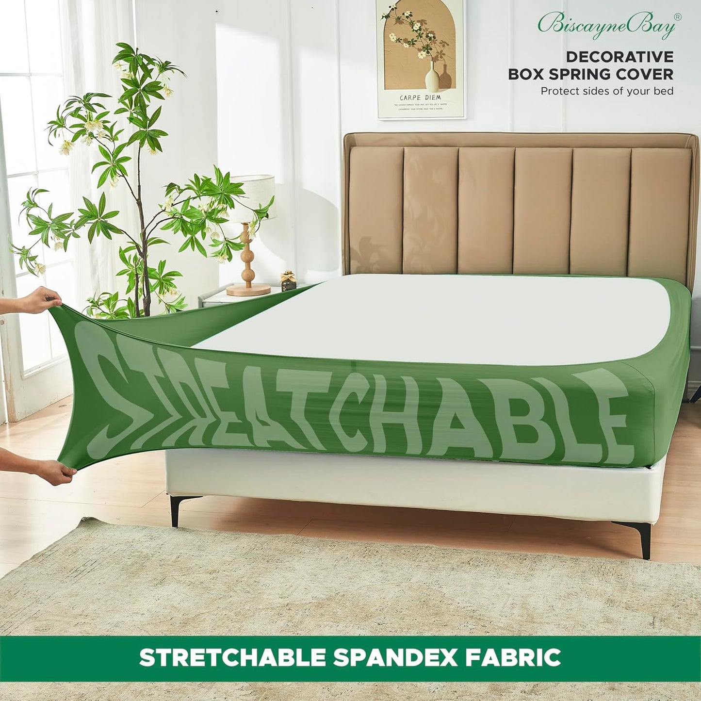 Biscaynebay Decorative Box Spring Cover Queen Size, Sage Luxurious Jersey Knitting Stretchy Wrap Around 4 Sides Bed Skirt for Home/Hotels, Easy Fit Wrinkle & Fade Free Machine Washable