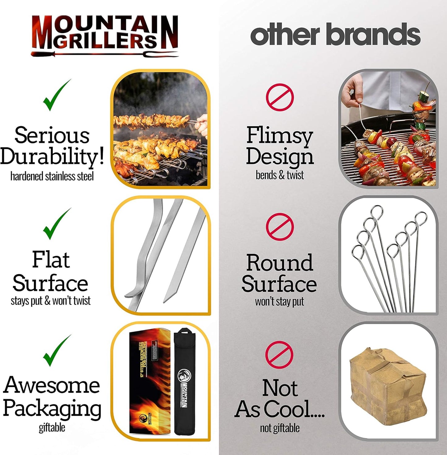 BBQ Grilling Kabob Skewers - 17” Stainless Steel - Long Reusable Flat Metal - Barbecue Shish Kebab Sticks – Set of 10 w/Handy Storage Bag