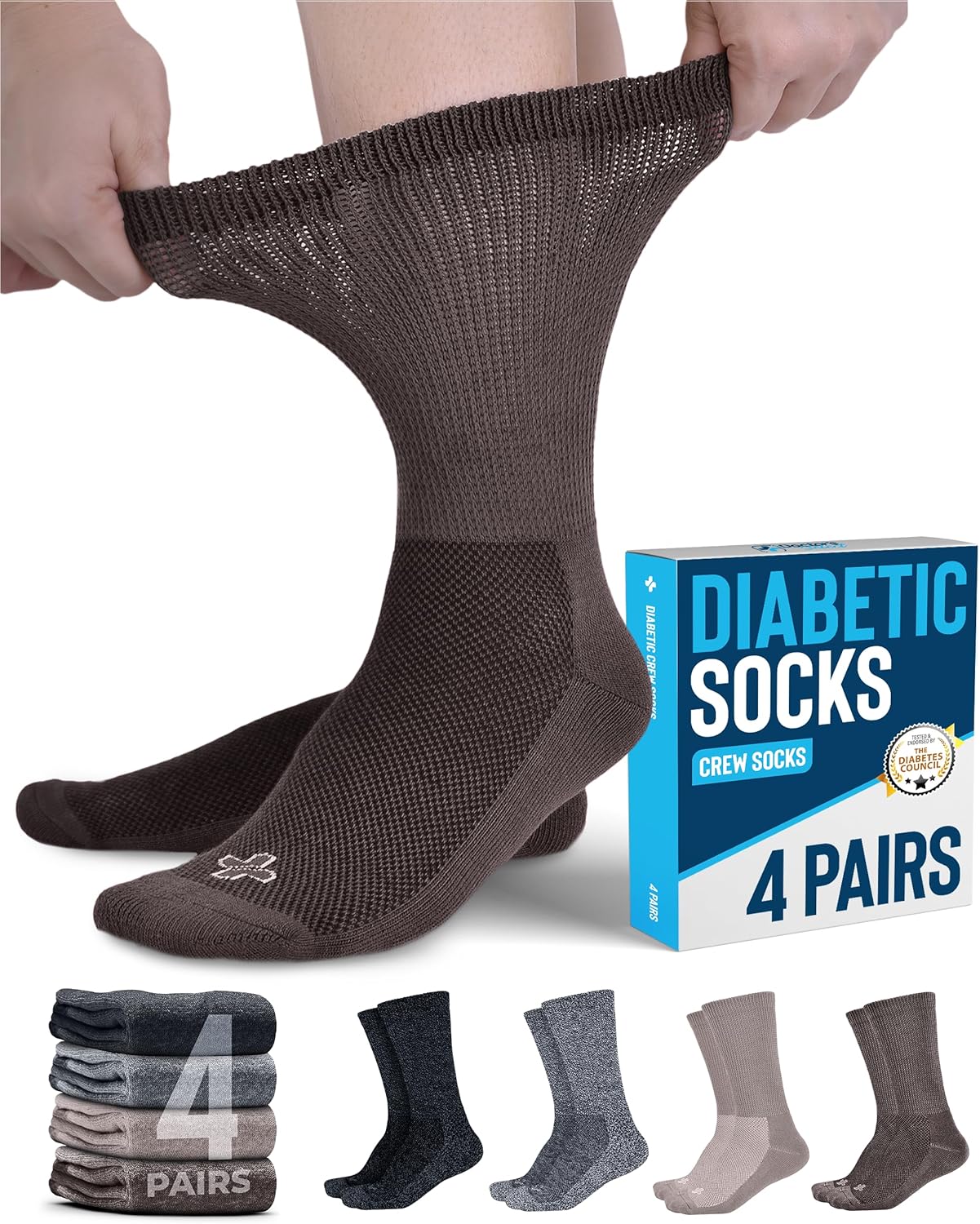 Doctor's Select Diabetic Socks for Men 9-12 - 4 Pairs Crew Neuropathy Socks for Men | Brown