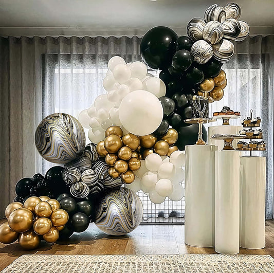 Black and Gold Balloon Arch Garland Kit-2025 New Years Balloons NYE Party White Metallic Marble Foil Balloons for Birthday Graduation Wedding Baby&Bridal Shower Retirement Bachelorette Anniversary