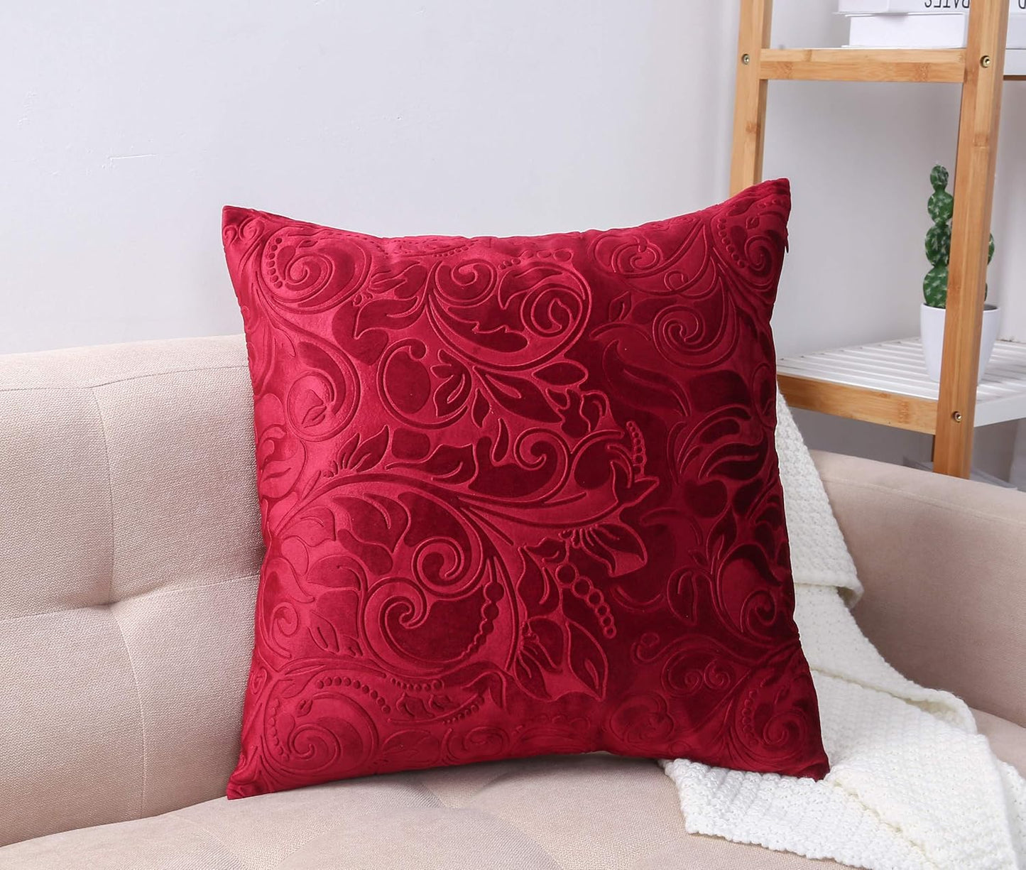 TangDepot Heavy Velvet Embossing Throw Pillow Cover, Classis Floral Anaglyph Velvet Fabric, Decorative Pillow Cover, Indoor/Outdoor Pillows Shell, Cushion Cover - (18" x 18", C07 Deep Red)