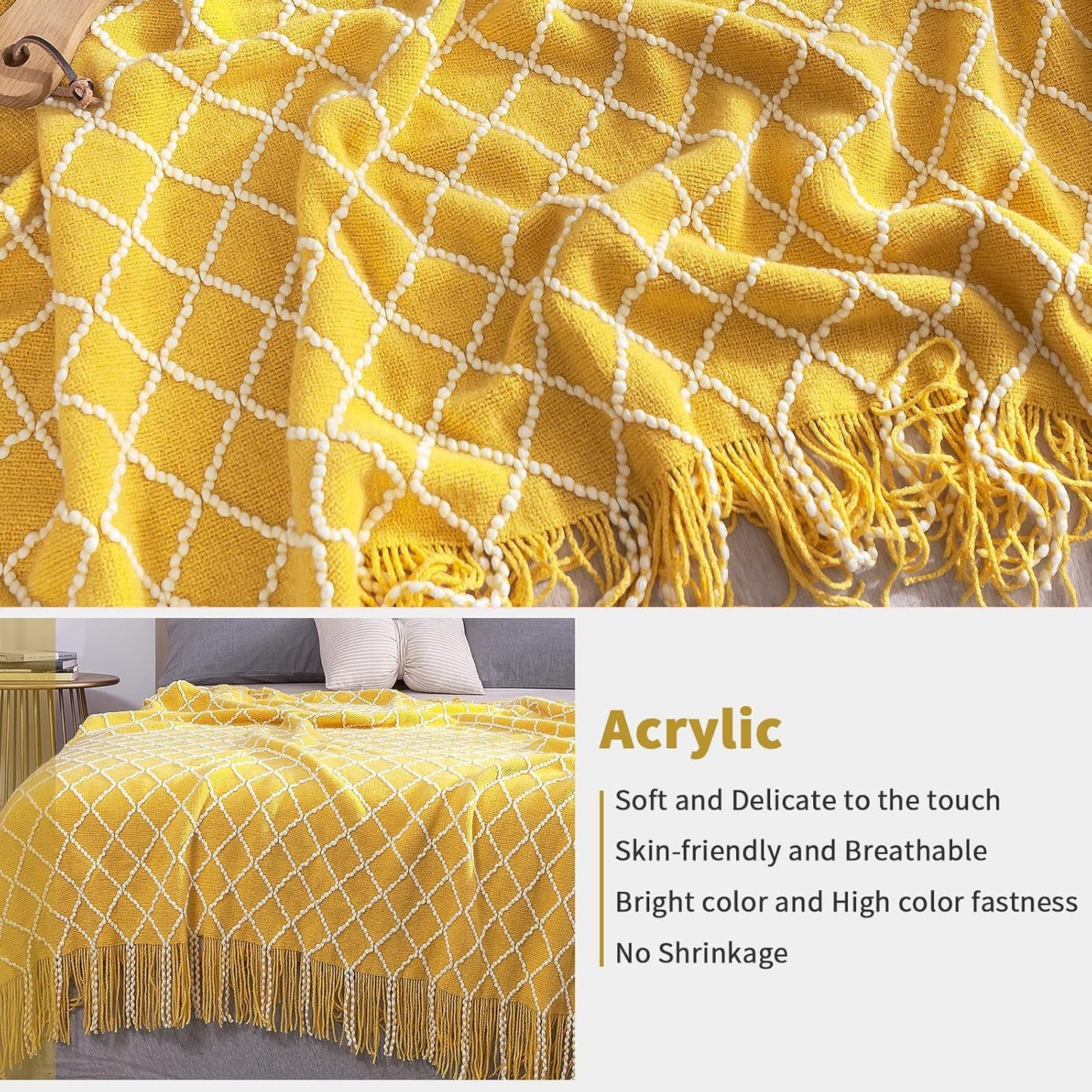 QUILTINA Bohemian Yellow Knitted Throw Blanket for Couch, 700G/SM Thick Soft Lightweight Warm Sofa & Bed Throw Blanket with Tassels for All Seasons and Decoration Use (50"x64")
