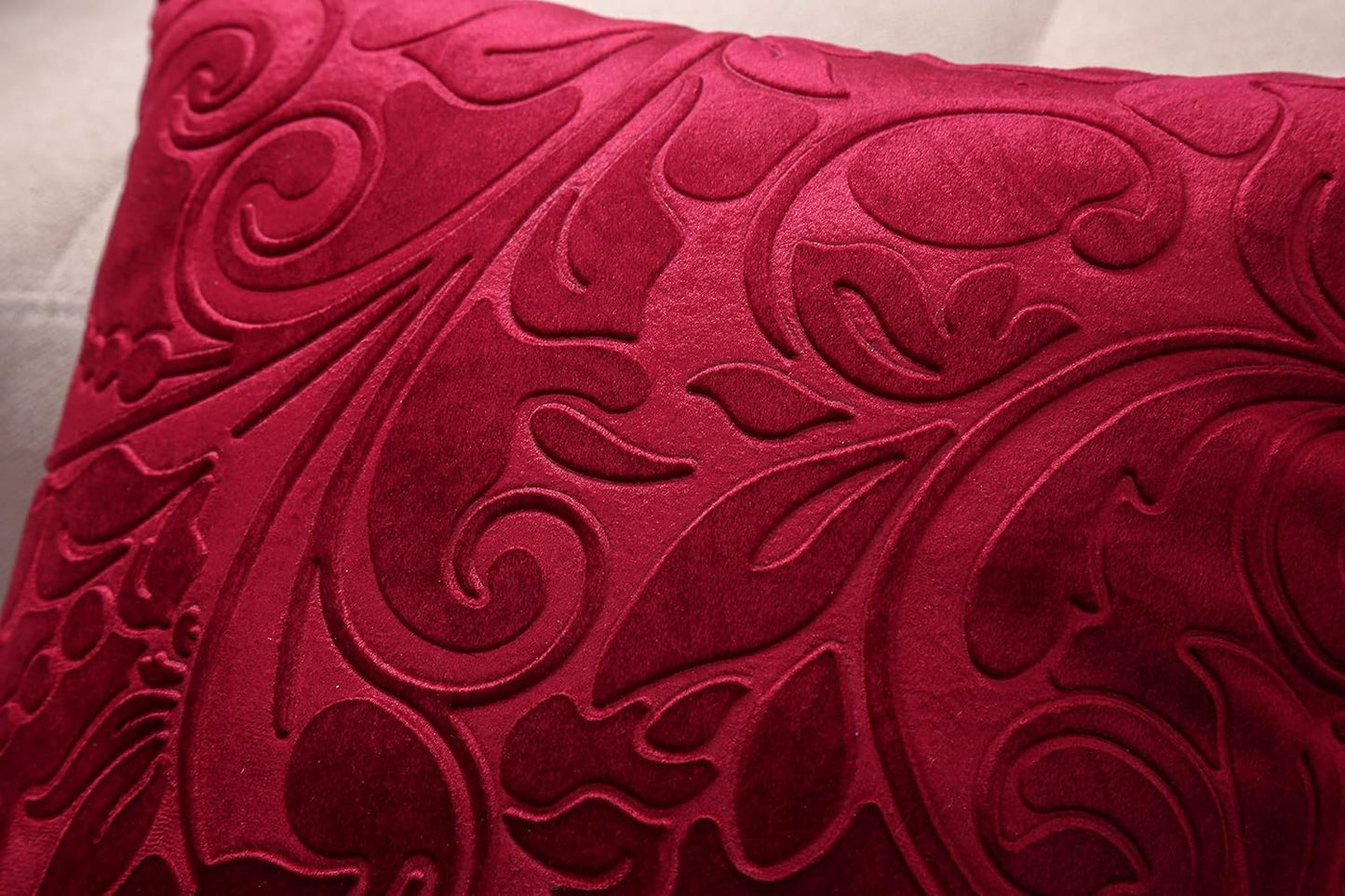 TangDepot Heavy Velvet Embossing Throw Pillow Cover, Classis Floral Anaglyph Velvet Fabric, Decorative Pillow Cover, Indoor/Outdoor Pillows Shell, Cushion Cover - (18" x 18", C07 Deep Red)