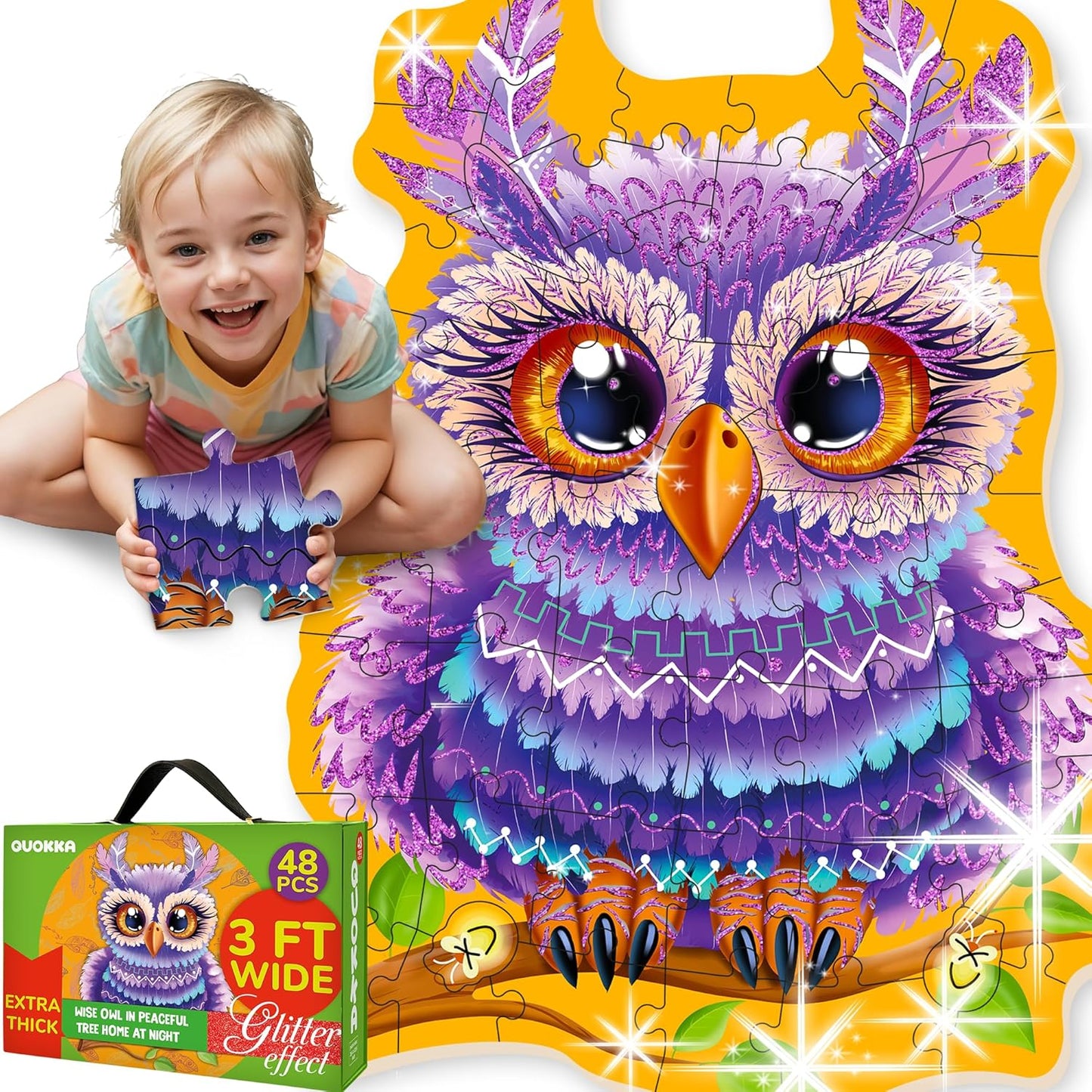 QUOKKA Glitter Floor Puzzles for Kids Ages 3-5 - 2x3 Feet 48 Piece Puzzles for Toddlers 2-4 - Shaped Large Giant Educational Toddler Puzzles Ages 24+ Months - Owl Toy Activity Game for Boys and Girls